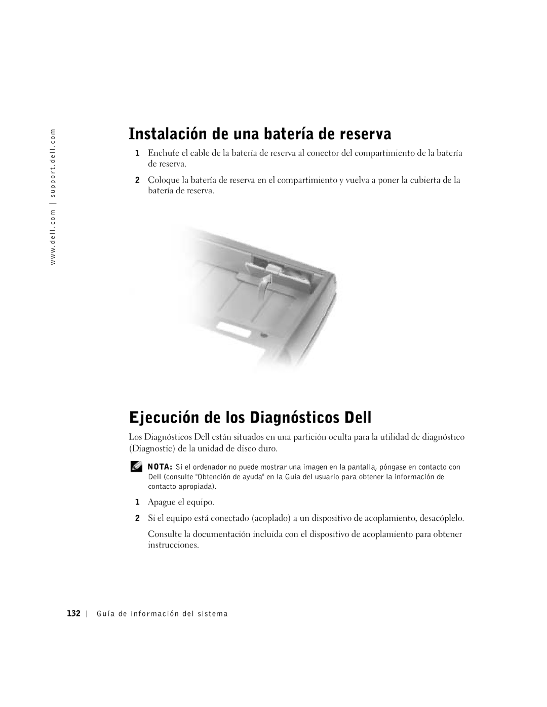 Dell D800 Instalación de una batería de reserva, Ejecución de los Diagnósticos Dell, 132 Guía de información del sistema 