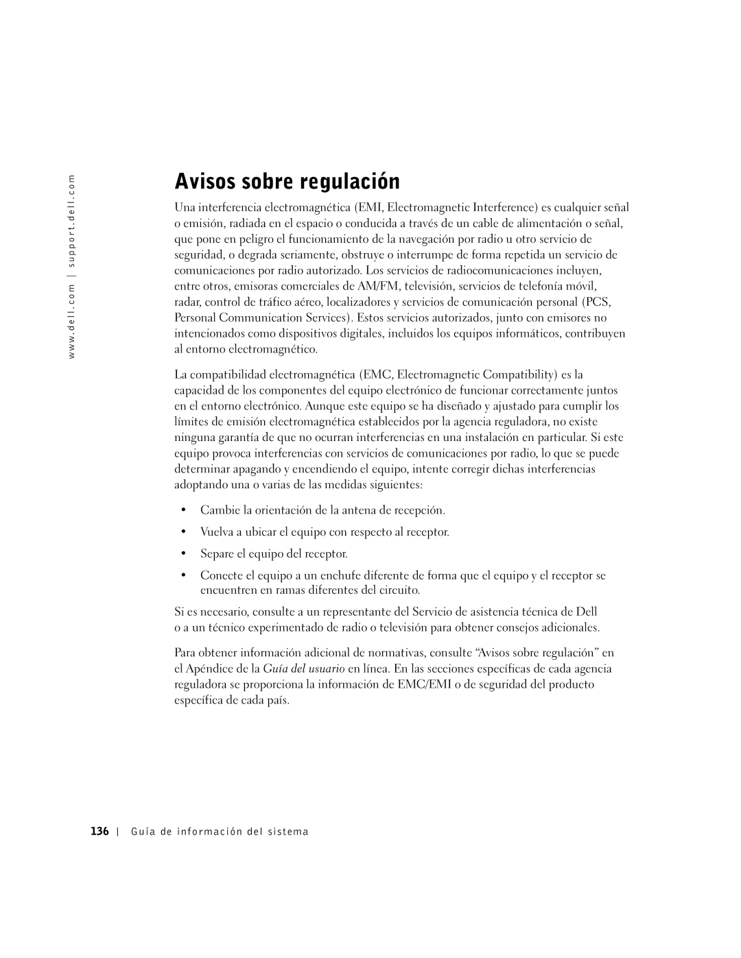 Dell D800 manual Avisos sobre regulación, 136 Guía de información del sistema 