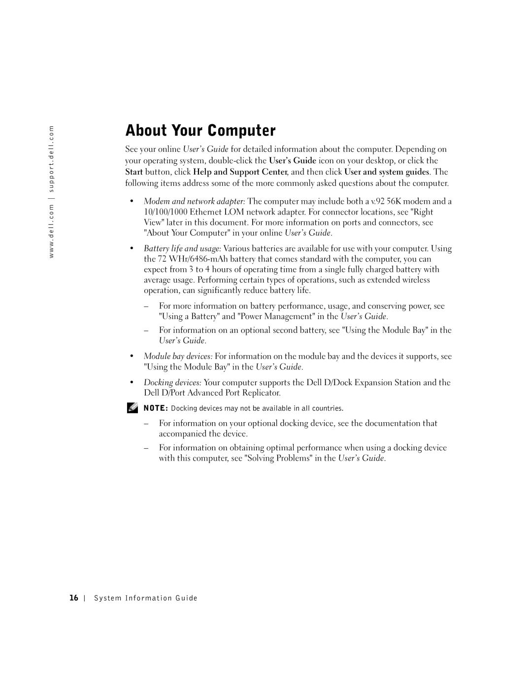 Dell D800 manual About Your Computer 