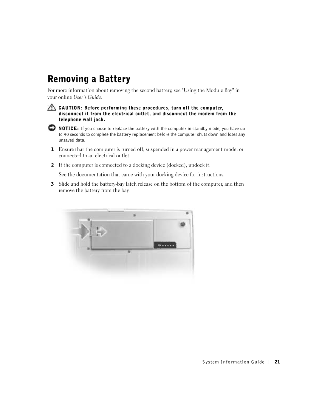 Dell D800 manual Removing a Battery 