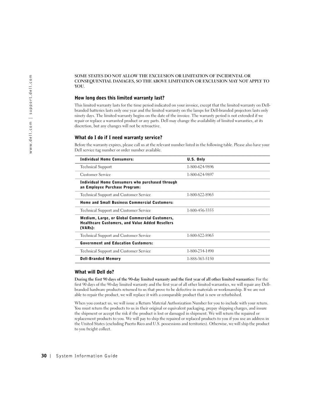 Dell D800 manual How long does this limited warranty last?, What do I do if I need warranty service?, What will Dell do? 