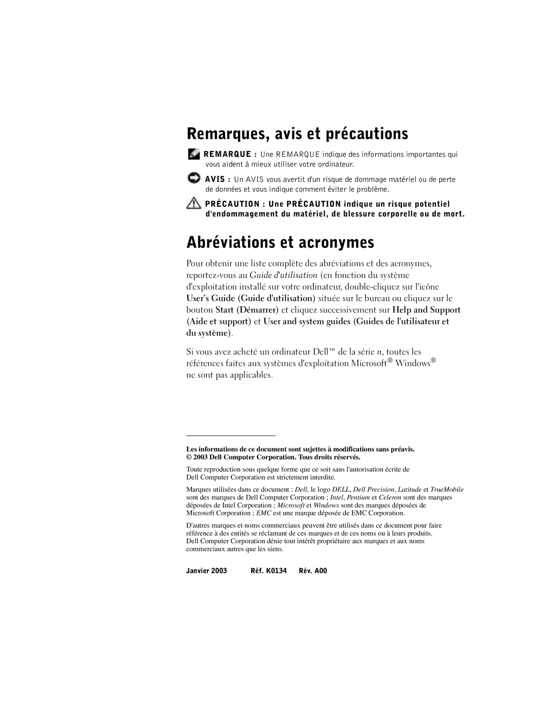 Dell D800 manual Remarques, avis et précautions, Abréviations et acronymes 