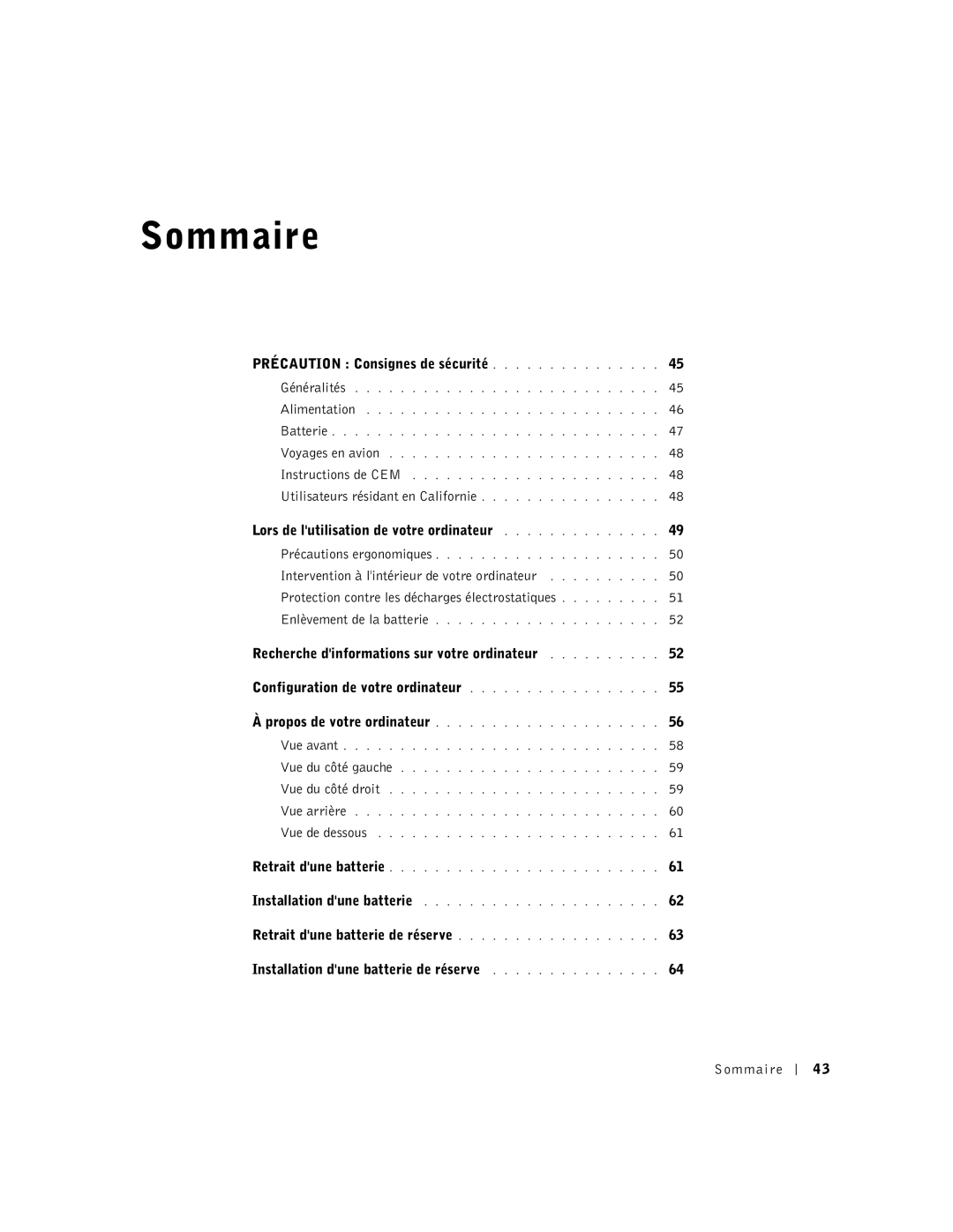 Dell D800 manual Précaution Consignes de sécurité, Installation dune batterie de réserve Sommaire 