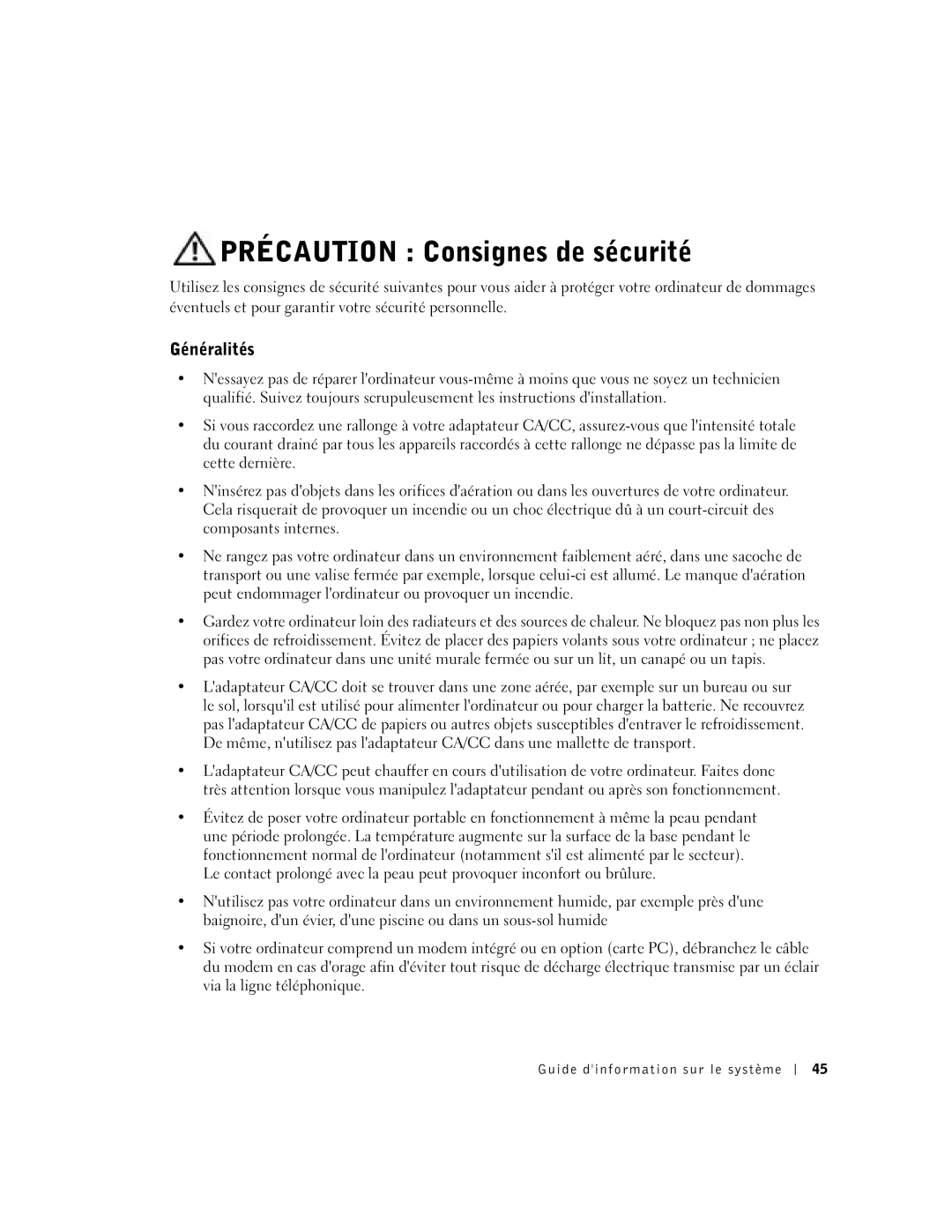 Dell D800 manual Précaution Consignes de sécurité, Généralités, Guide dinformation sur le système 