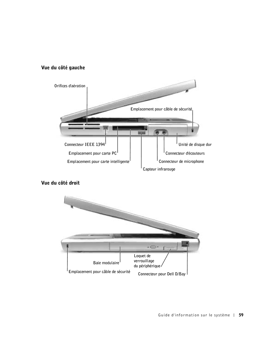 Dell D800 manual Vue du côté gauche, Vue du côté droit, Loquet de, Baie modulaire Verrouillage Du périphérique 