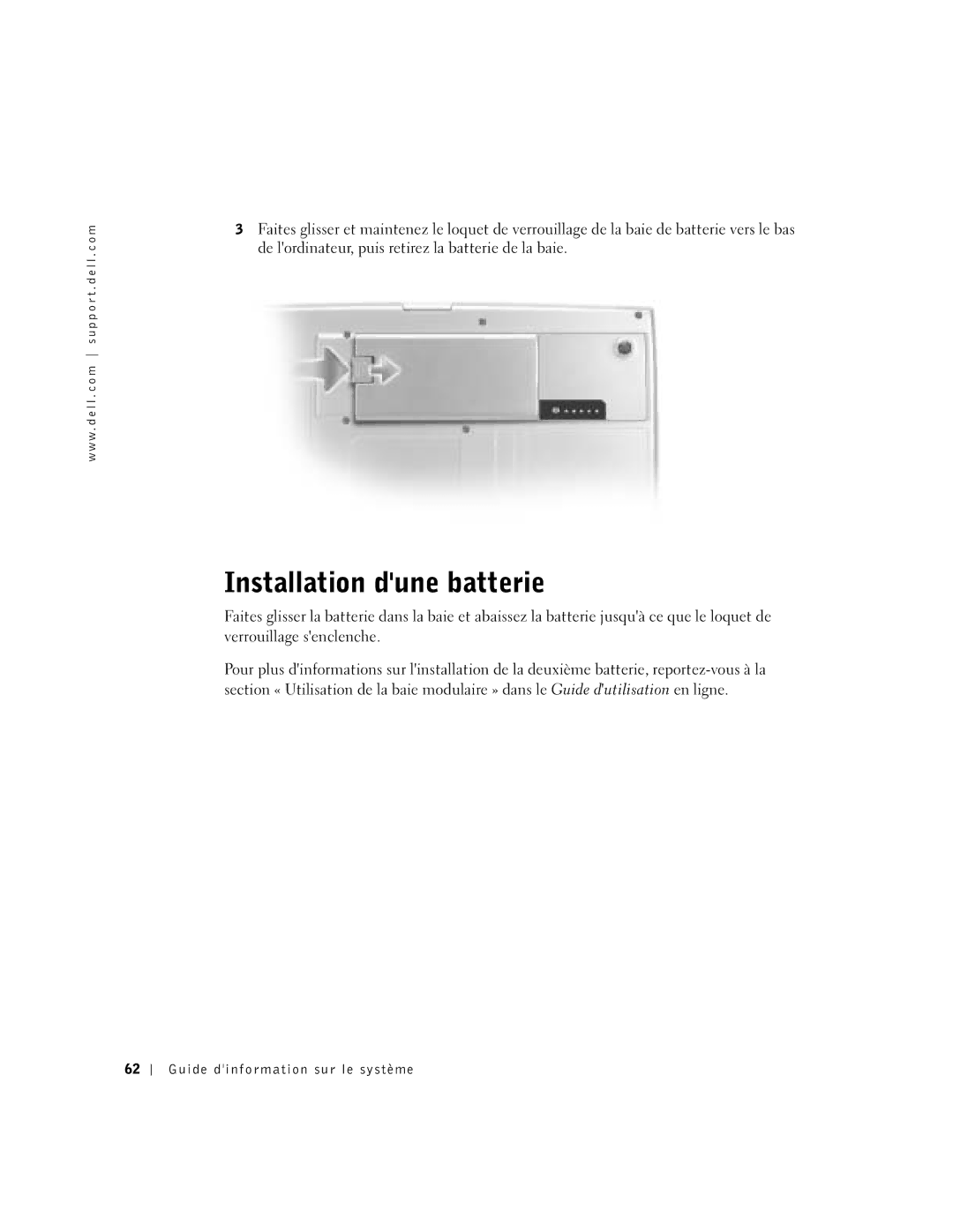 Dell D800 manual Installation dune batterie 