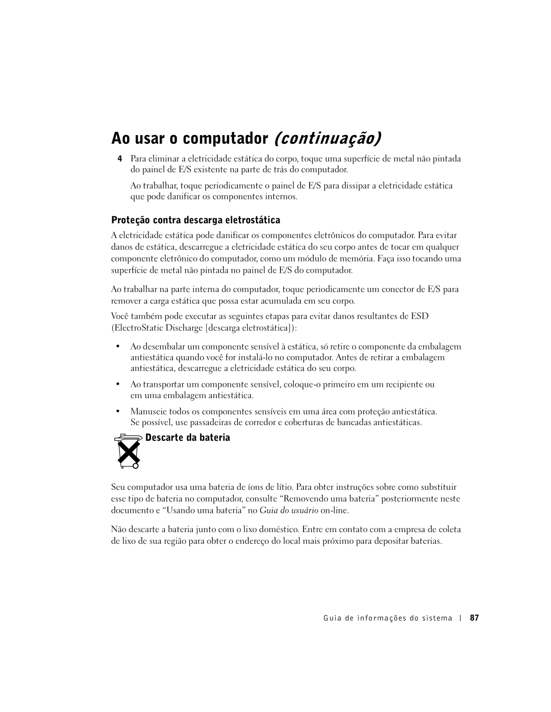 Dell D800 manual Proteção contra descarga eletrostática, Descarte da bateria 