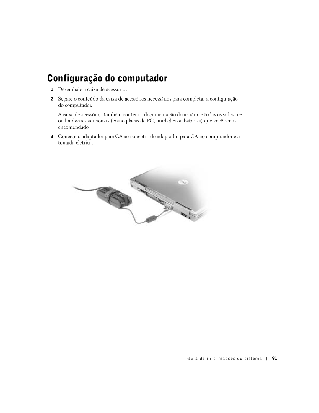 Dell D800 manual Configuração do computador 