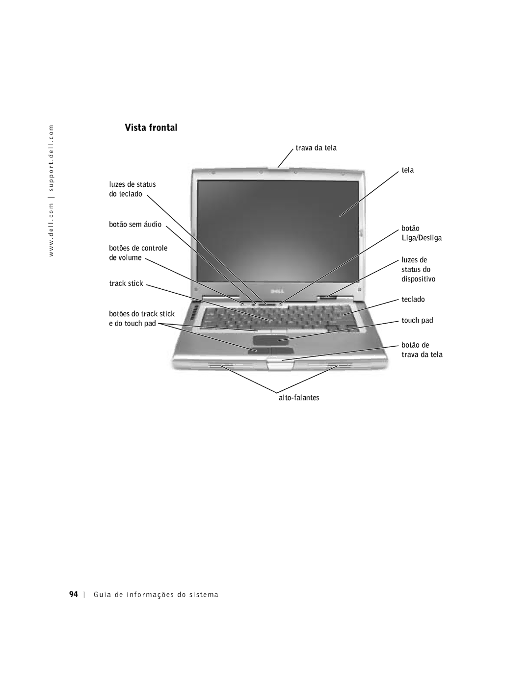 Dell D800 manual Vista frontal, Trava da tela, Botão sem áudio, Track stick, Alto-falantes Tela Botão Liga/Desliga 
