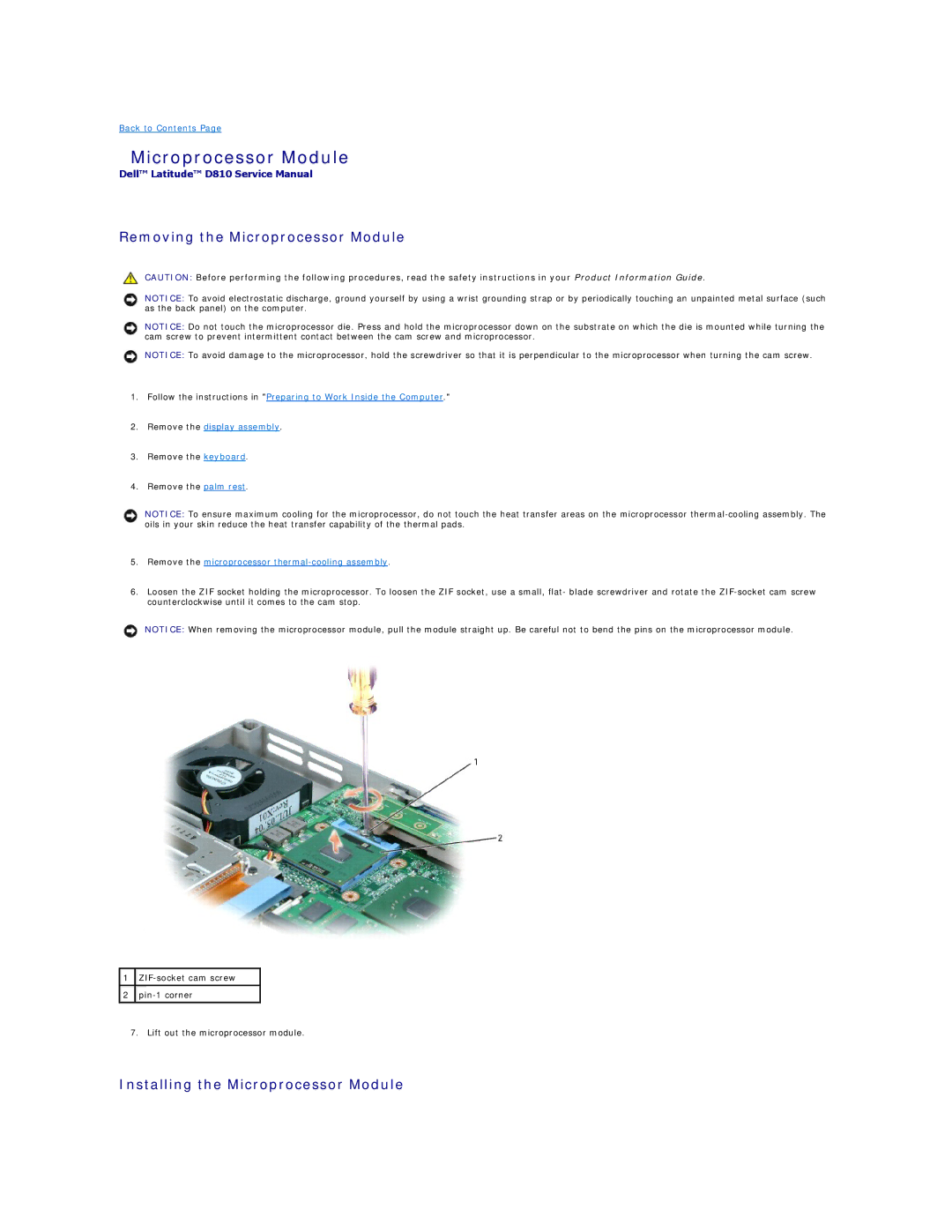 Dell D810 manual Removing the Microprocessor Module, Installing the Microprocessor Module 