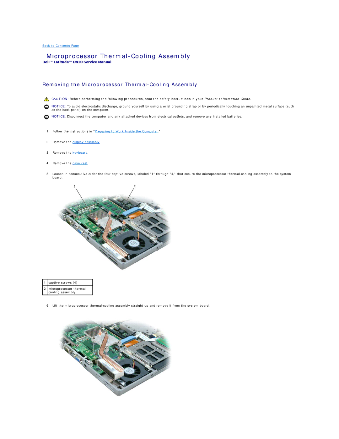 Dell D810 manual Removing the Microprocessor Thermal-Cooling Assembly 