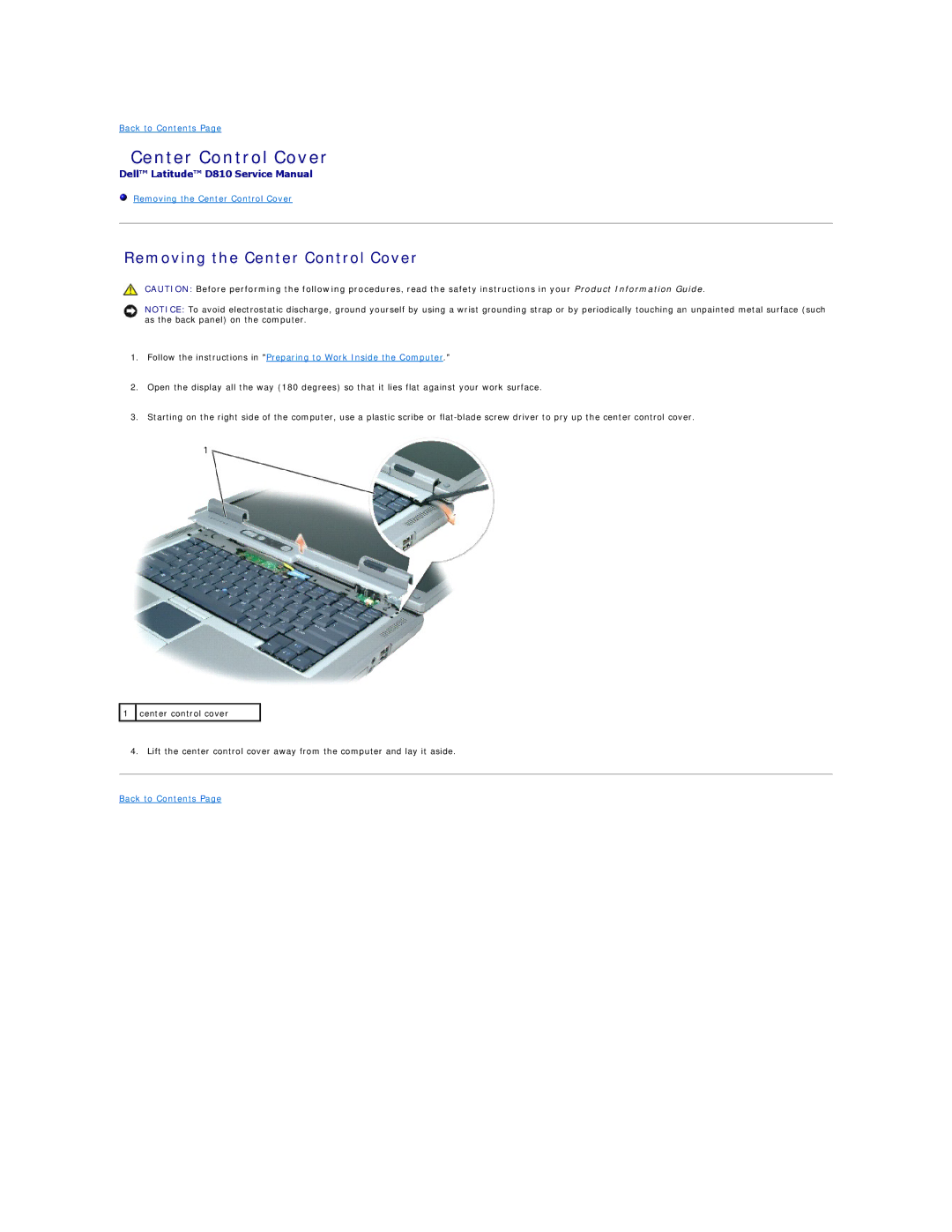 Dell D810 manual Removing the Center Control Cover 