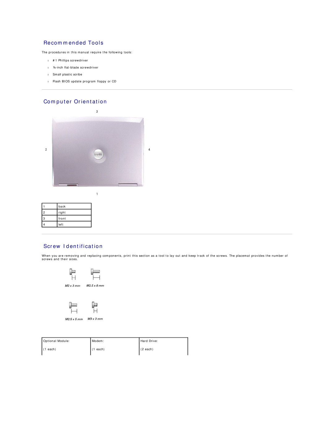 Dell D810 manual Recommended Tools, Computer Orientation, Screw Identification 