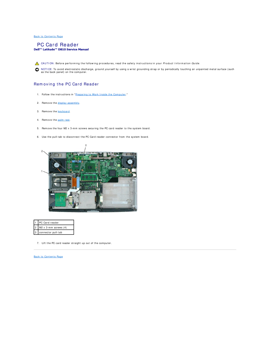 Dell D810 manual Removing the PC Card Reader 