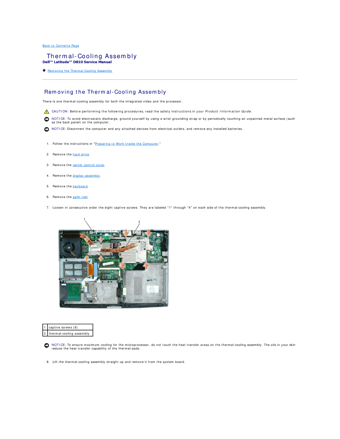 Dell D810 manual Removing the Thermal-Cooling Assembly 