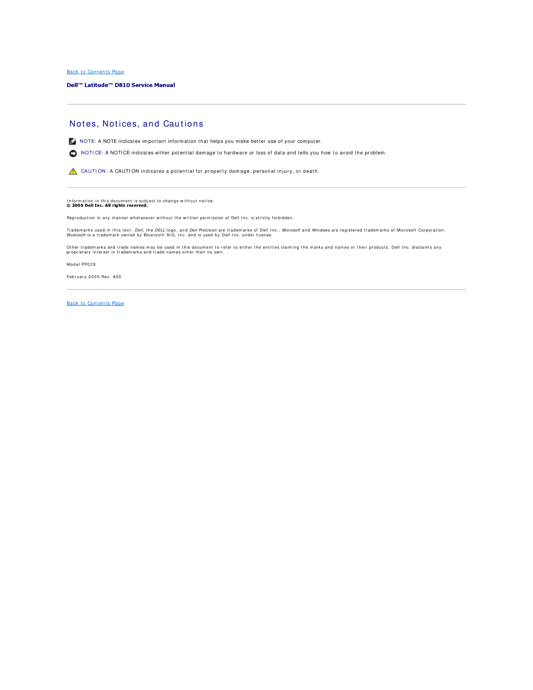 Dell D810 manual Model PP02X February 2005 Rev. A00 