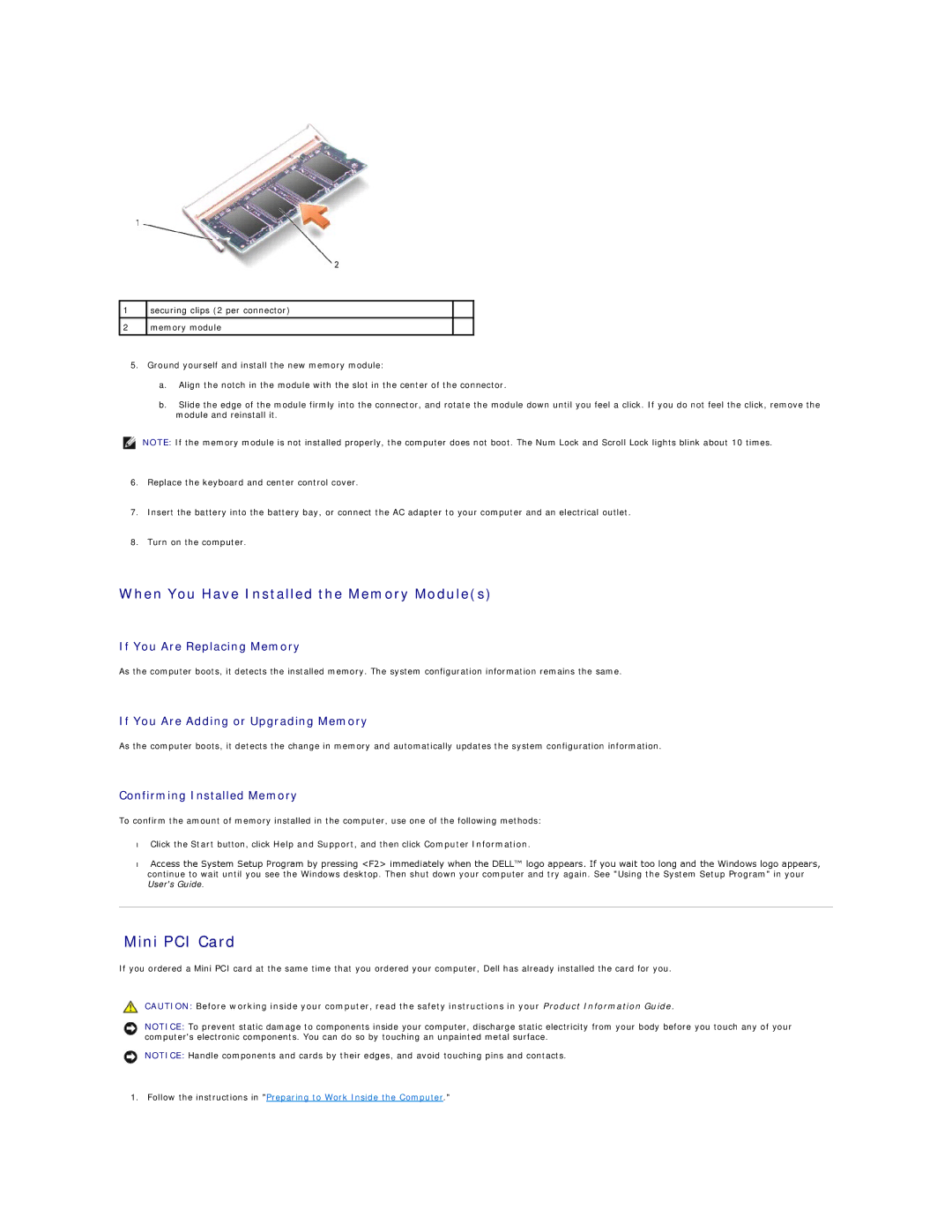 Dell D810 manual Mini PCI Card, When You Have Installed the Memory Modules 