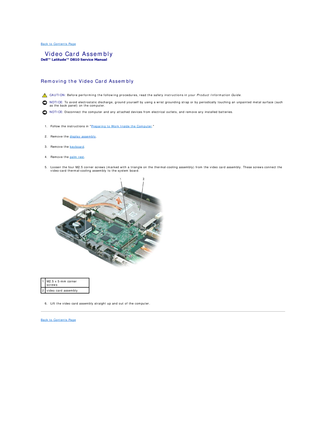 Dell D810 manual Removing the Video Card Assembly 