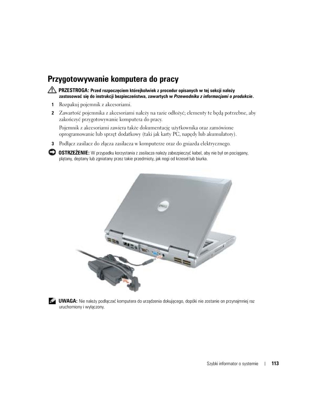 Dell D810 manual Przygotowywanie komputera do pracy, 113 