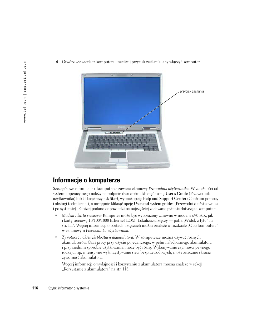 Dell D810 manual 114, Przycisk zasilania 