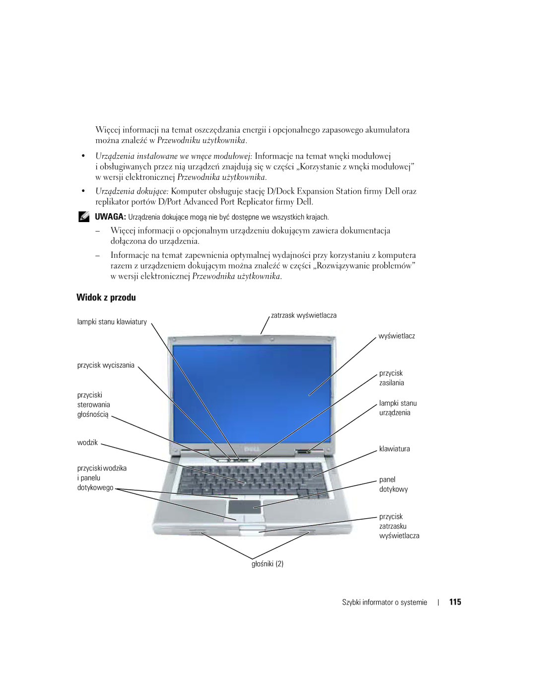 Dell D810 manual 115, Wodzik Przyciski wodzika, Wyświetlacz, Klawiatura, Głośniki Szybki informator o systemie 