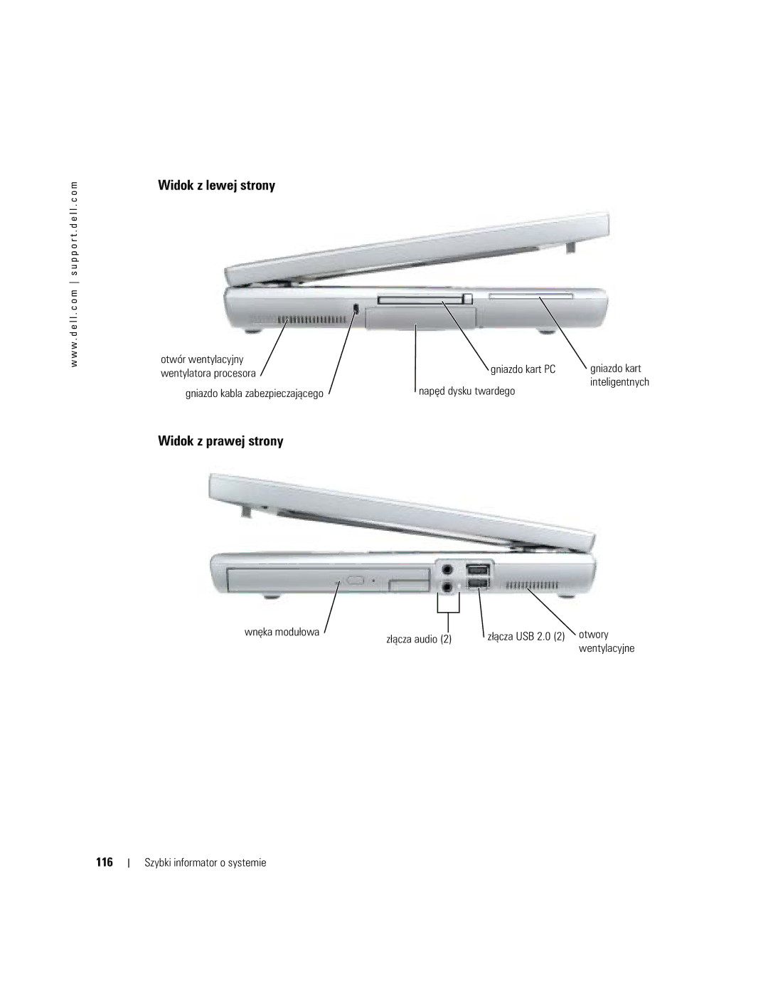 Dell D810 manual 116, Otwór wentylacyjny Gniazdo kart PC, Wentylatora procesora, Wnęka modułowa Złącza USB 2.0 2 otwory 
