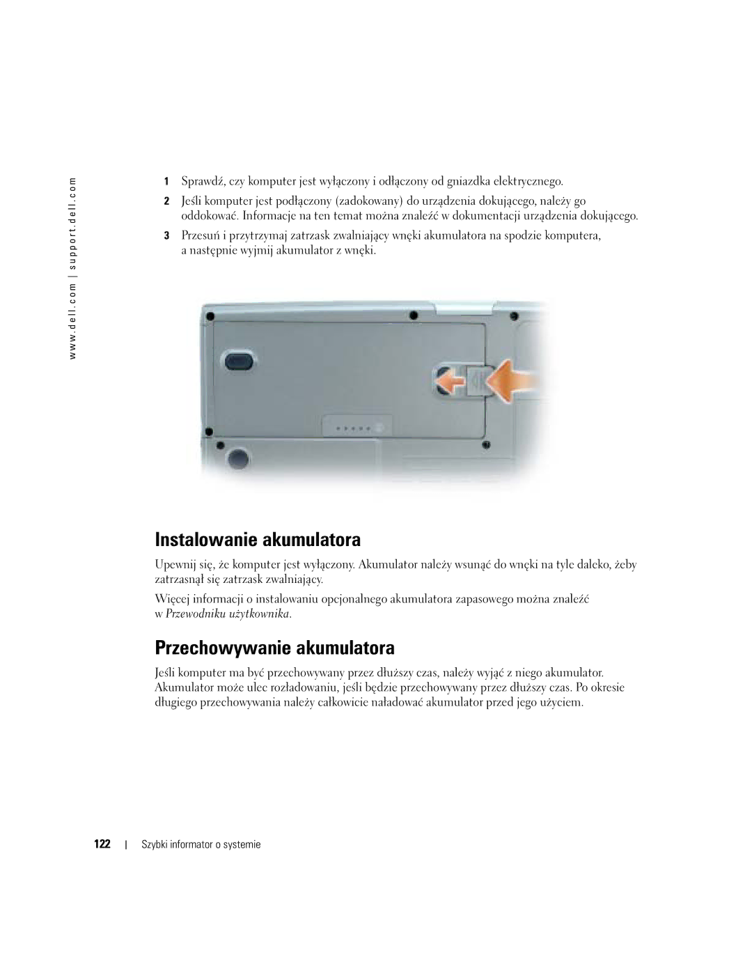 Dell D810 manual Instalowanie akumulatora, 122 