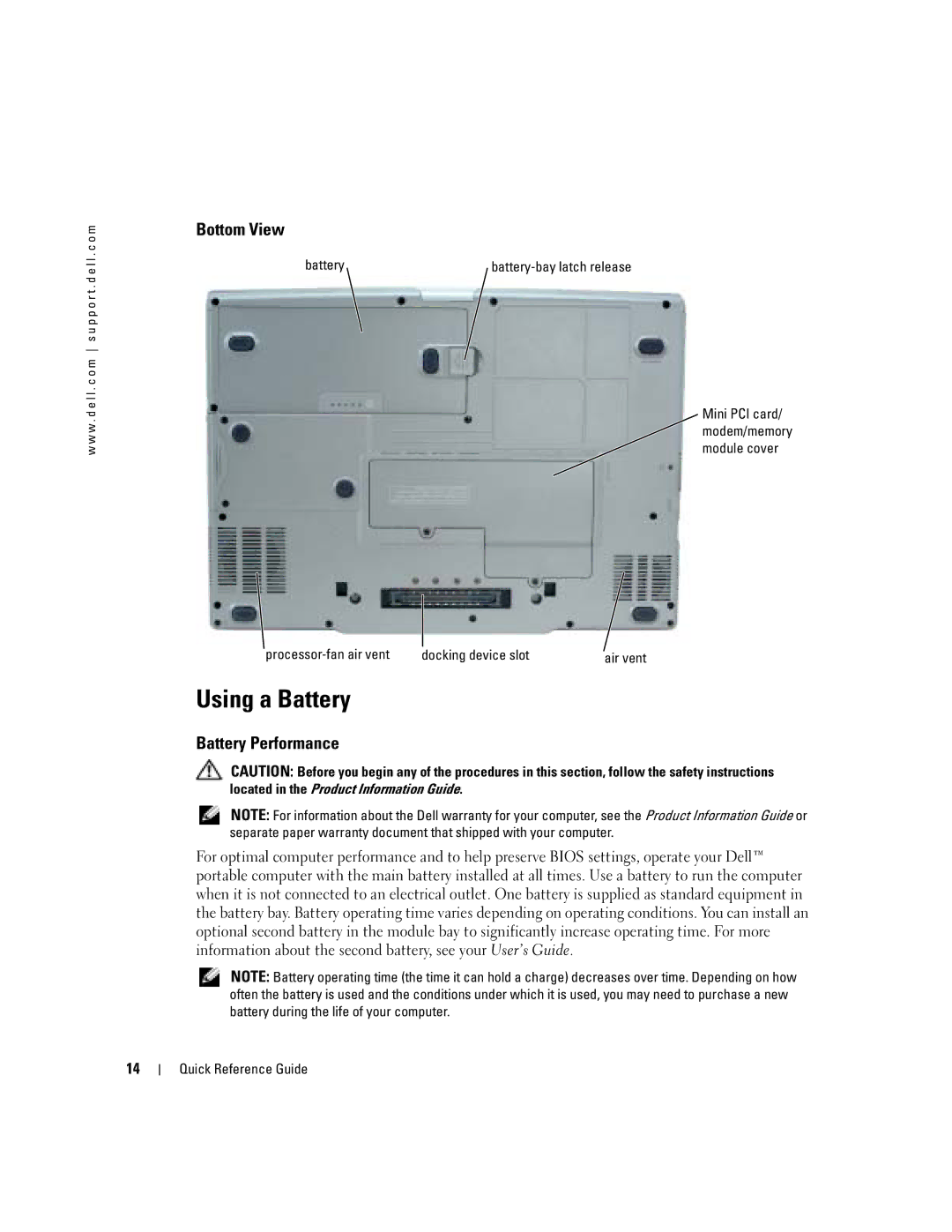 Dell D810 manual Using a Battery, Bottom View, Battery Performance, Processor-fan air vent Docking device slot 