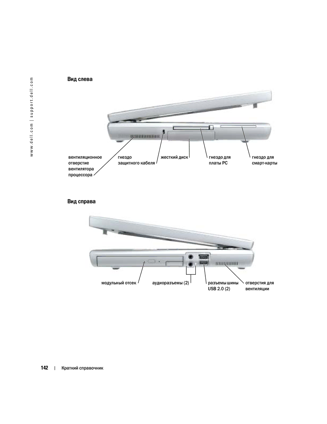Dell D810 manual Вид слева, Вид справа, 142 