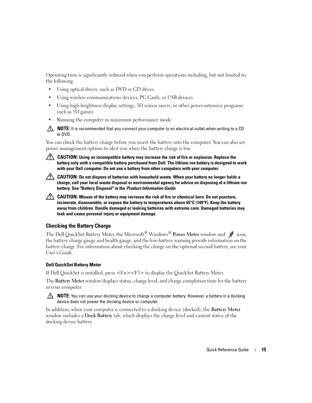 Dell D810 manual Checking the Battery Charge 