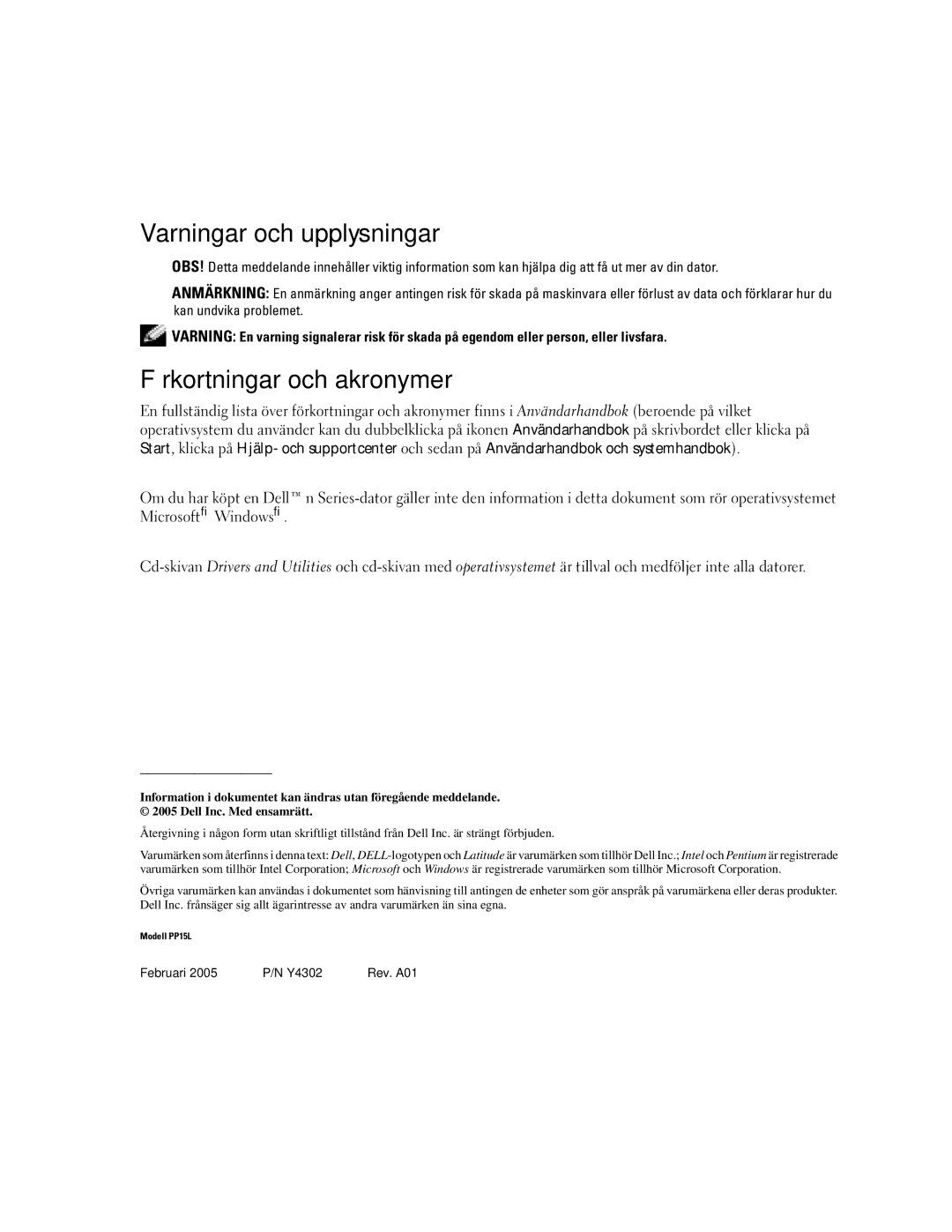 Dell D810 manual Varningar och upplysningar, Förkortningar och akronymer 