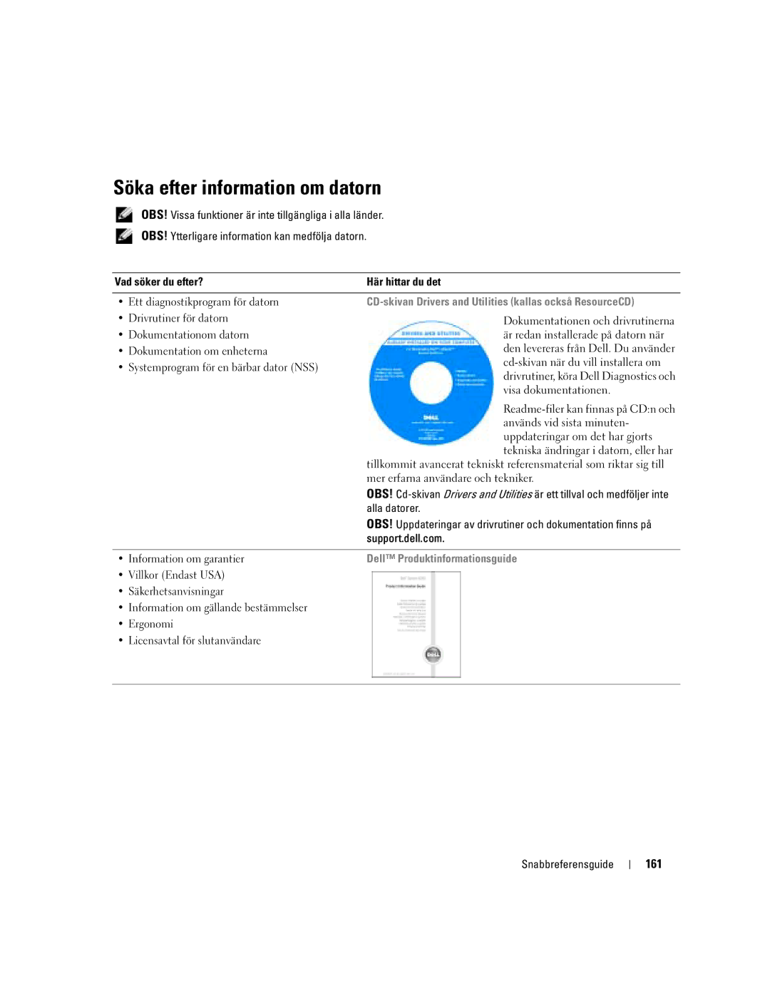 Dell D810 manual Söka efter information om datorn, 161, CD-skivan Drivers and Utilities kallas också ResourceCD 