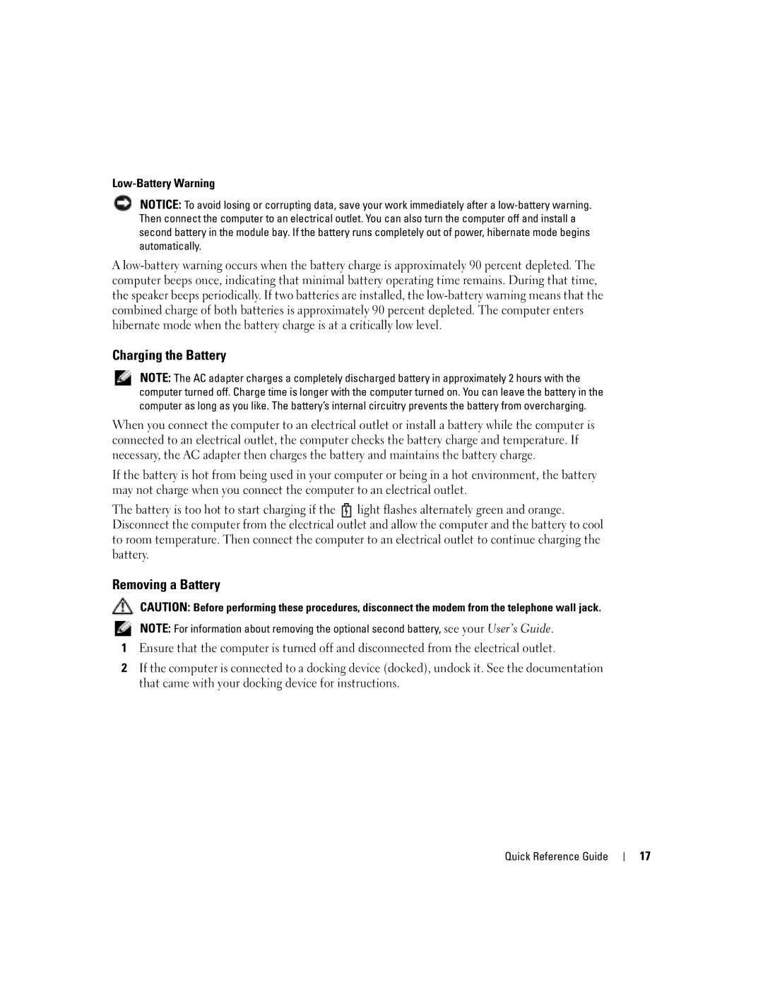 Dell D810 manual Charging the Battery, Removing a Battery, Low-Battery Warning 