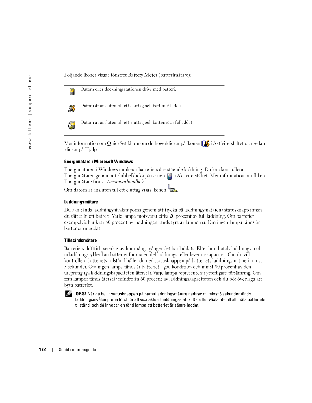 Dell D810 manual Energimätare i Microsoft Windows, Laddningsmätare, Tillståndsmätare, 172 