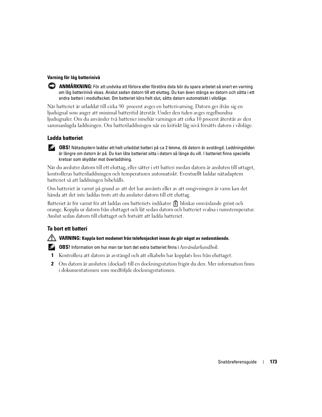 Dell D810 manual Ladda batteriet, Ta bort ett batteri, Varning för låg batterinivå, 173 