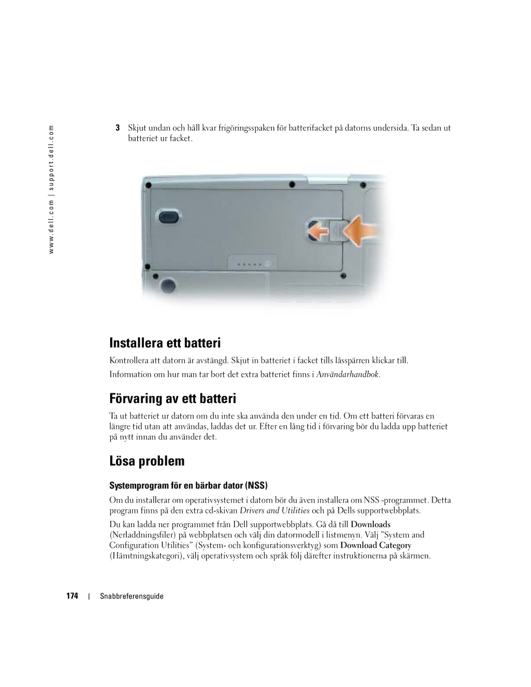 Dell D810 manual Installera ett batteri, Förvaring av ett batteri, Lösa problem, Systemprogram för en bärbar dator NSS, 174 