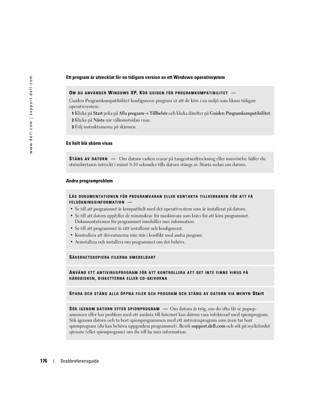 Dell D810 manual En helt blå skärm visas, Andra programproblem, 176 