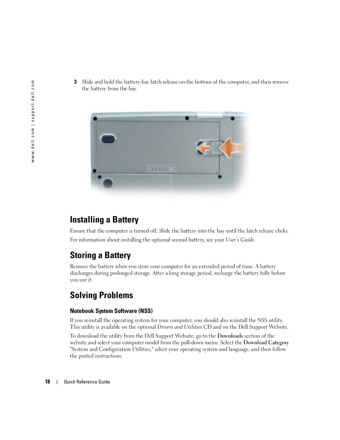 Dell D810 manual Installing a Battery, Storing a Battery, Solving Problems 