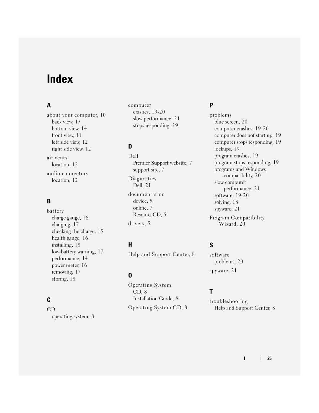 Dell D810 manual Help and Support Center, Index 