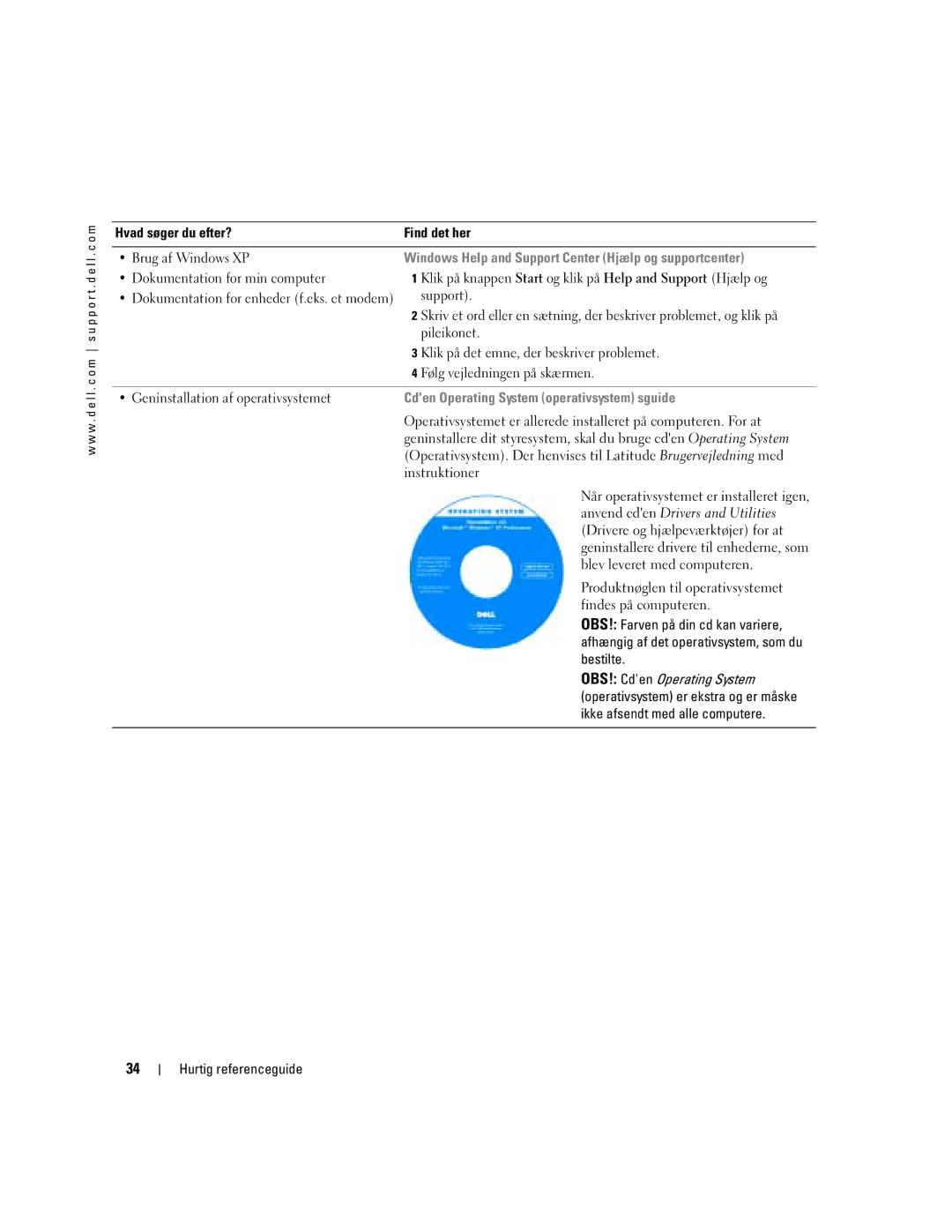 Dell D810 manual Windows Help and Support Center Hjælp og supportcenter, Cden Operating System operativsystem sguide 