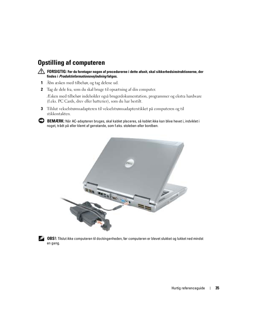 Dell D810 manual Opstilling af computeren 