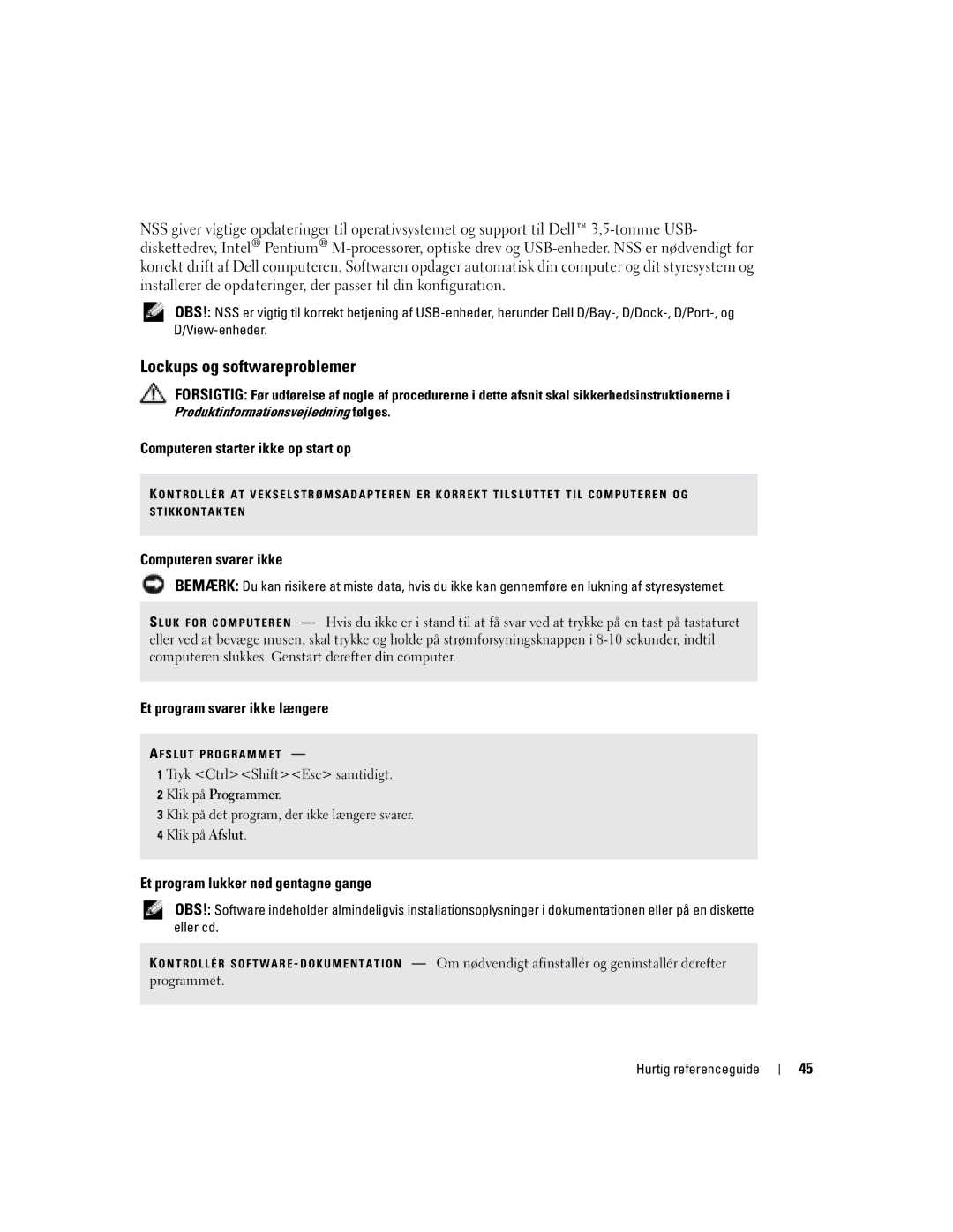 Dell D810 manual Lockups og softwareproblemer, Computeren starter ikke op start op, Computeren svarer ikke 