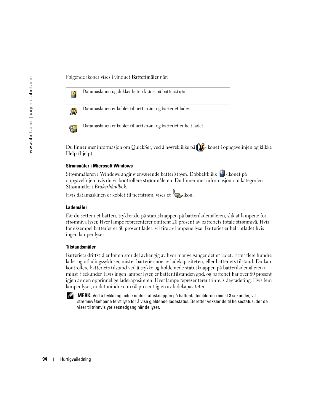 Dell D810 manual Strømmåler i Microsoft Windows, Lademåler 