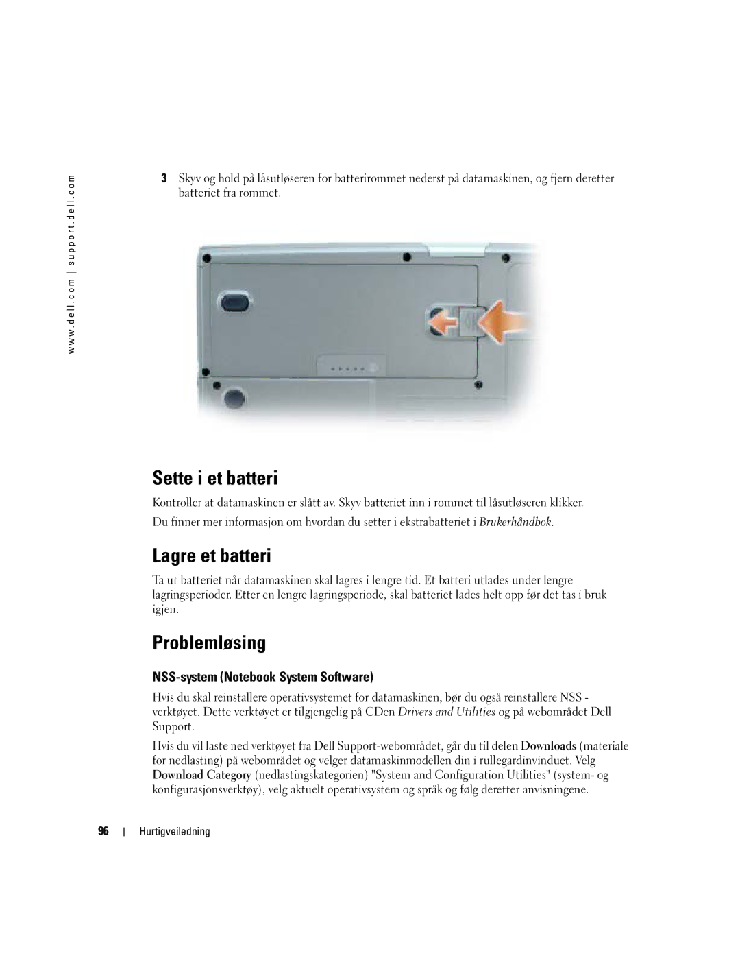 Dell D810 manual Sette i et batteri, Lagre et batteri, Problemløsing, NSS-system Notebook System Software 