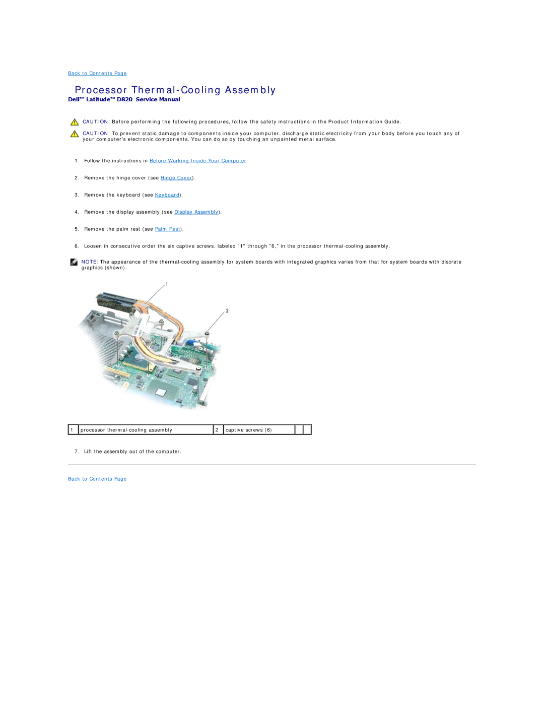 Dell D820 manual Processor Thermal-Cooling Assembly 