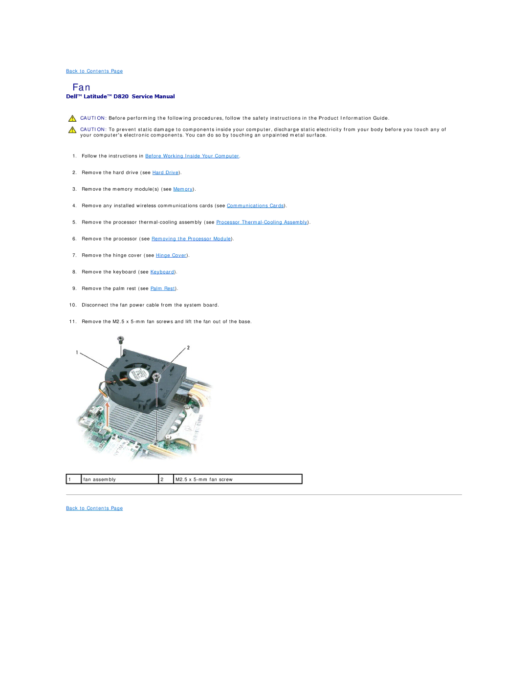 Dell D820 manual Fan 