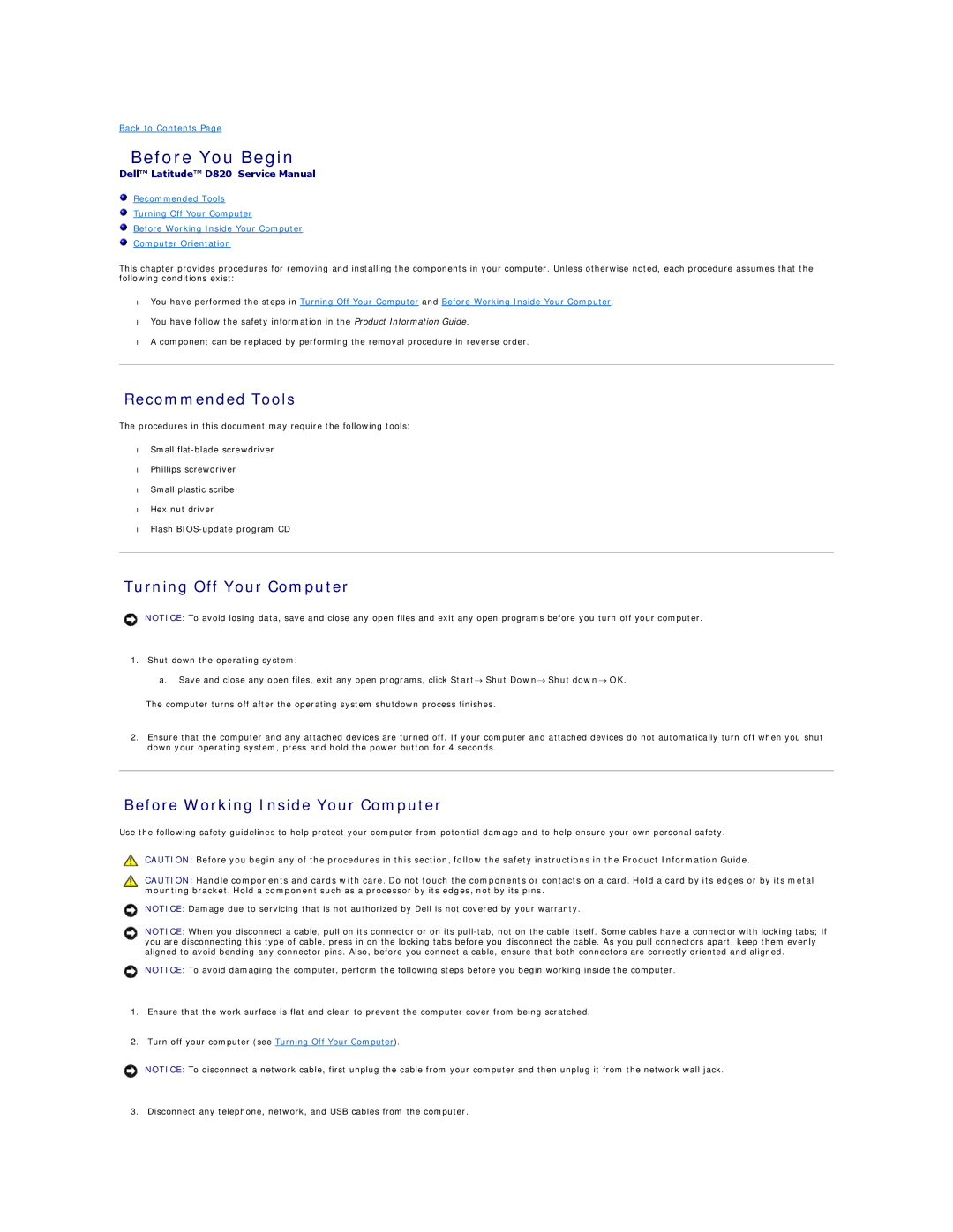 Dell D820 manual Before You Begin, Recommended Tools, Turning Off Your Computer, Before Working Inside Your Computer 