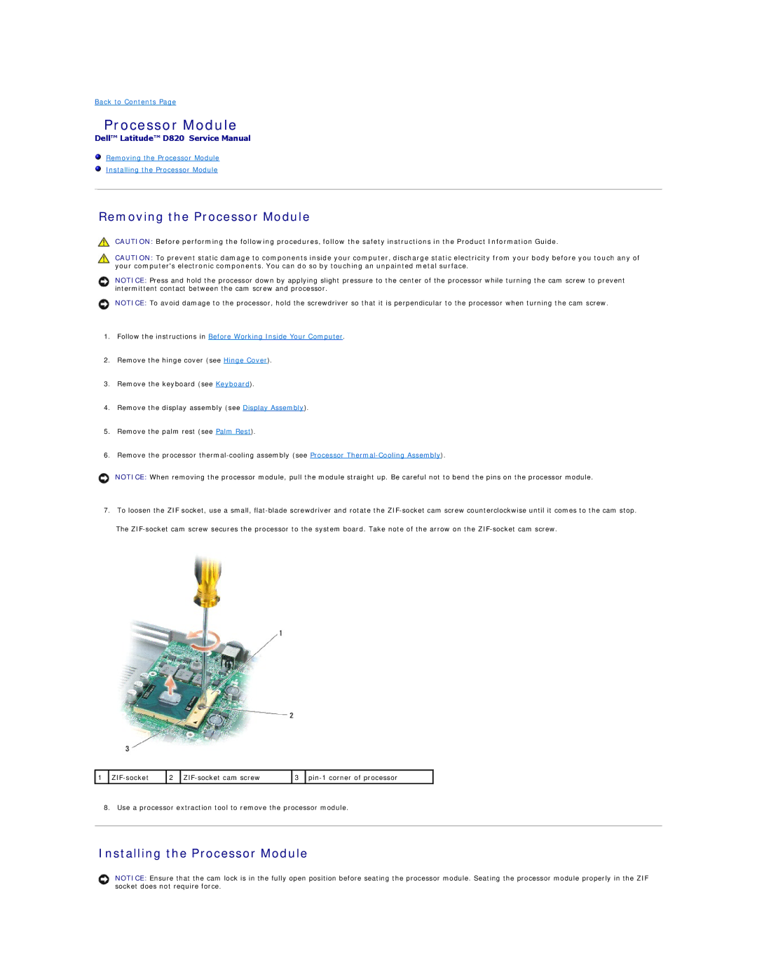 Dell D820 manual Removing the Processor Module, Installing the Processor Module 