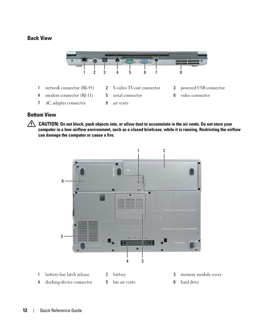 Dell D830 manual Back View, Bottom View 