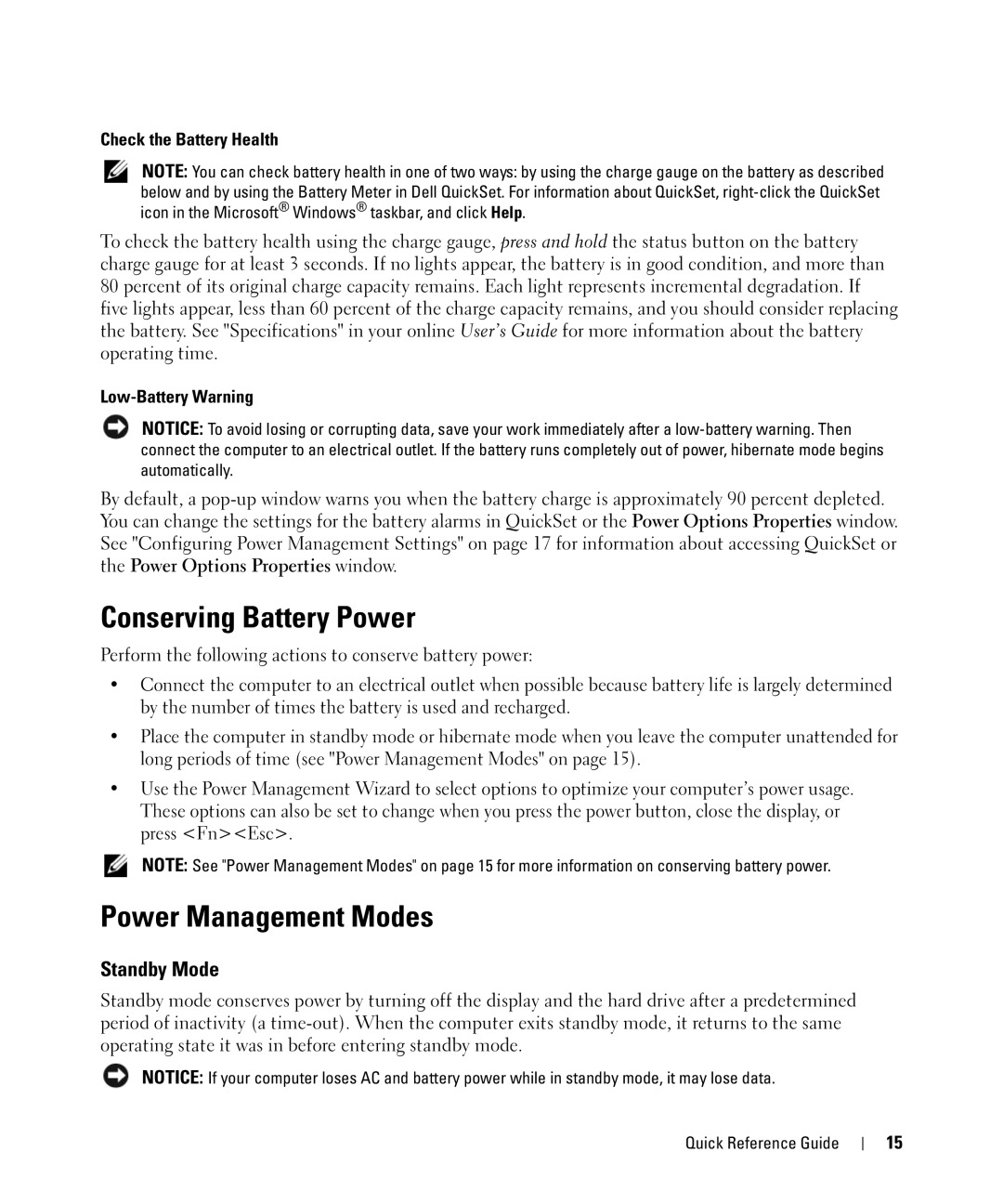 Dell D830 Conserving Battery Power, Power Management Modes, Standby Mode, Check the Battery Health, Low-Battery Warning 